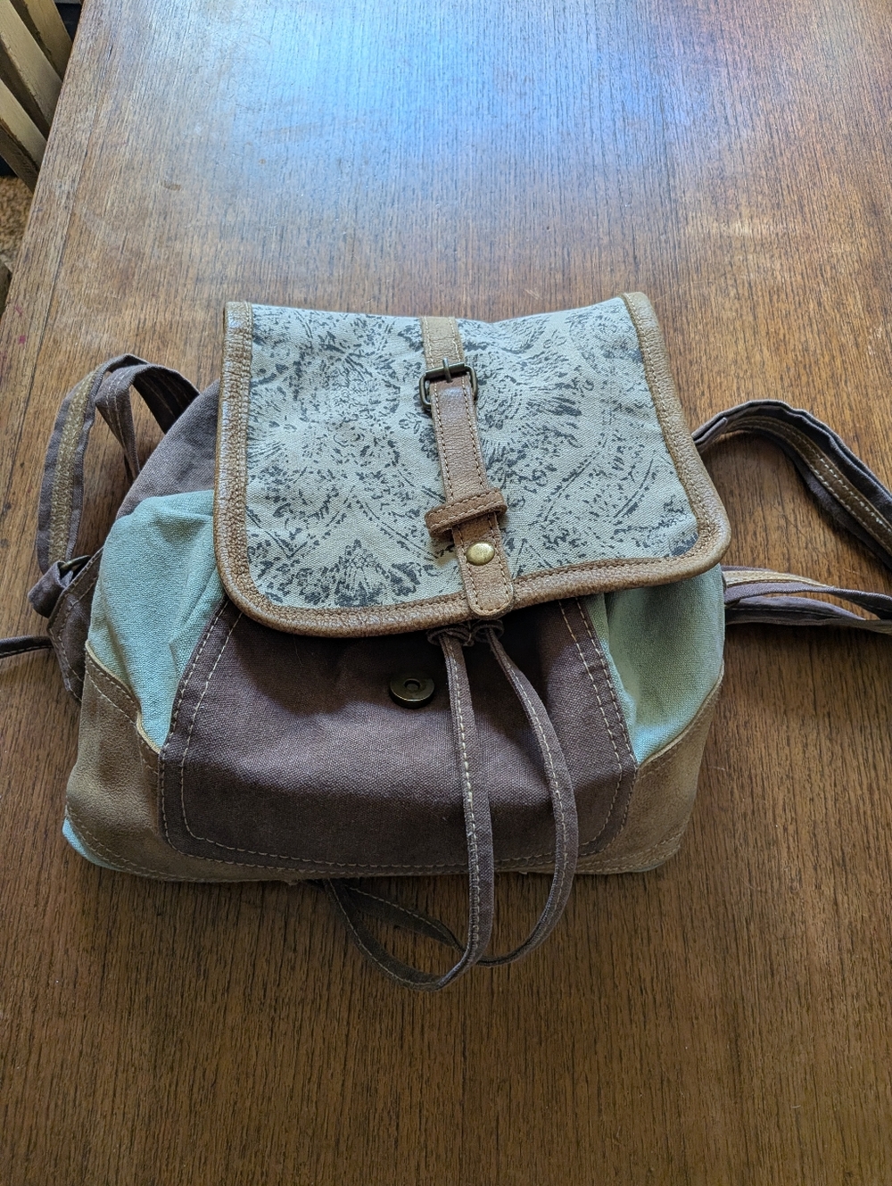 Myra Mint And Brown Canvas Patchwork Boho Backpack
